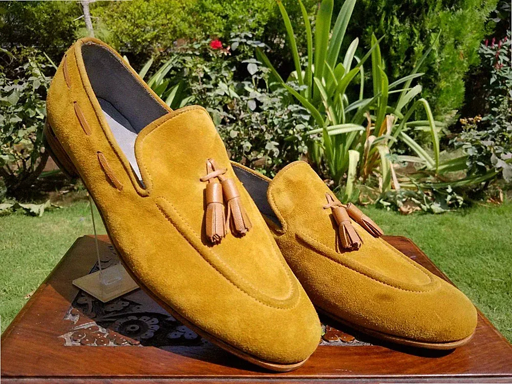 Herren Maßgeschneidert Handgefertigt Echt Hellbraun Wildleder Halbschuhe Slipper Quasten Schuhe-4-16