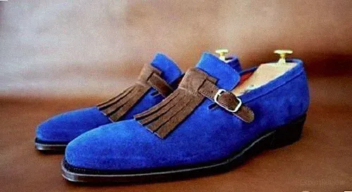 Herren Maßgeschneidert Handgefertigt Zweifarbig Blau Wildleder Braun Echtleder Schnalle Schuhe