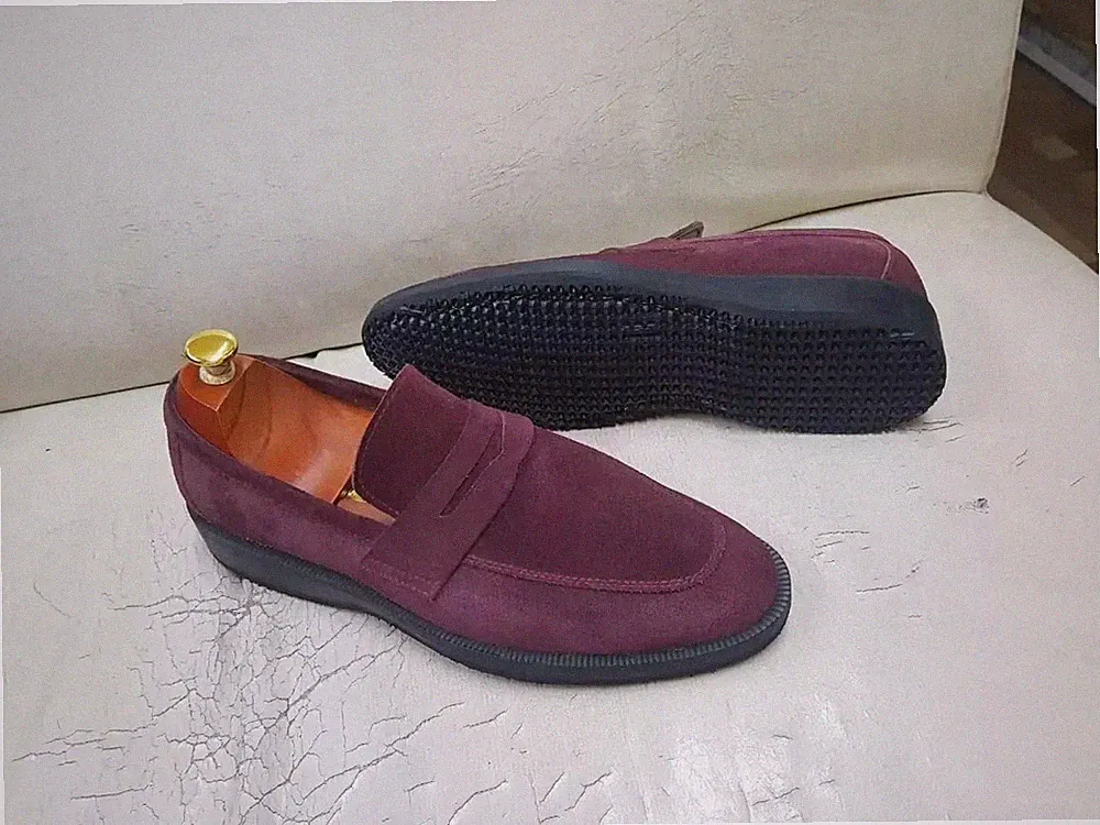 Herren Neu Handgefertigt Rot Burgund Wildleder Slipper Mokassin Leger Halbschuhe Schuhe 7-15