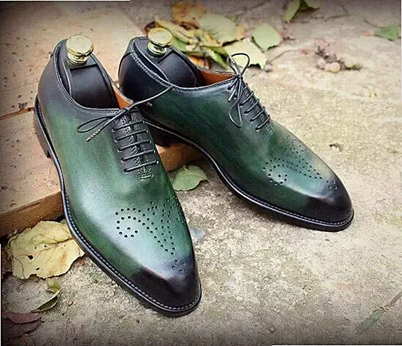 Herren Oxford Brogue Schnürschuhe Leder grün, neu und handgefertigt