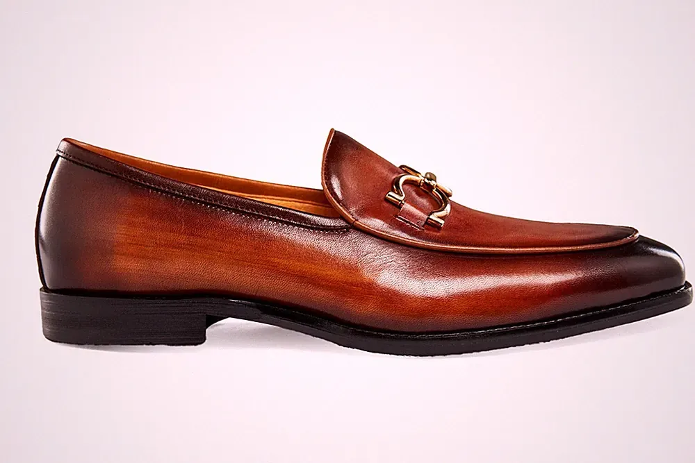 Herren Retro Handarbeit Poliert Brüniert Leder Halbschuh Gold Horsebit Schnalle Schuhe