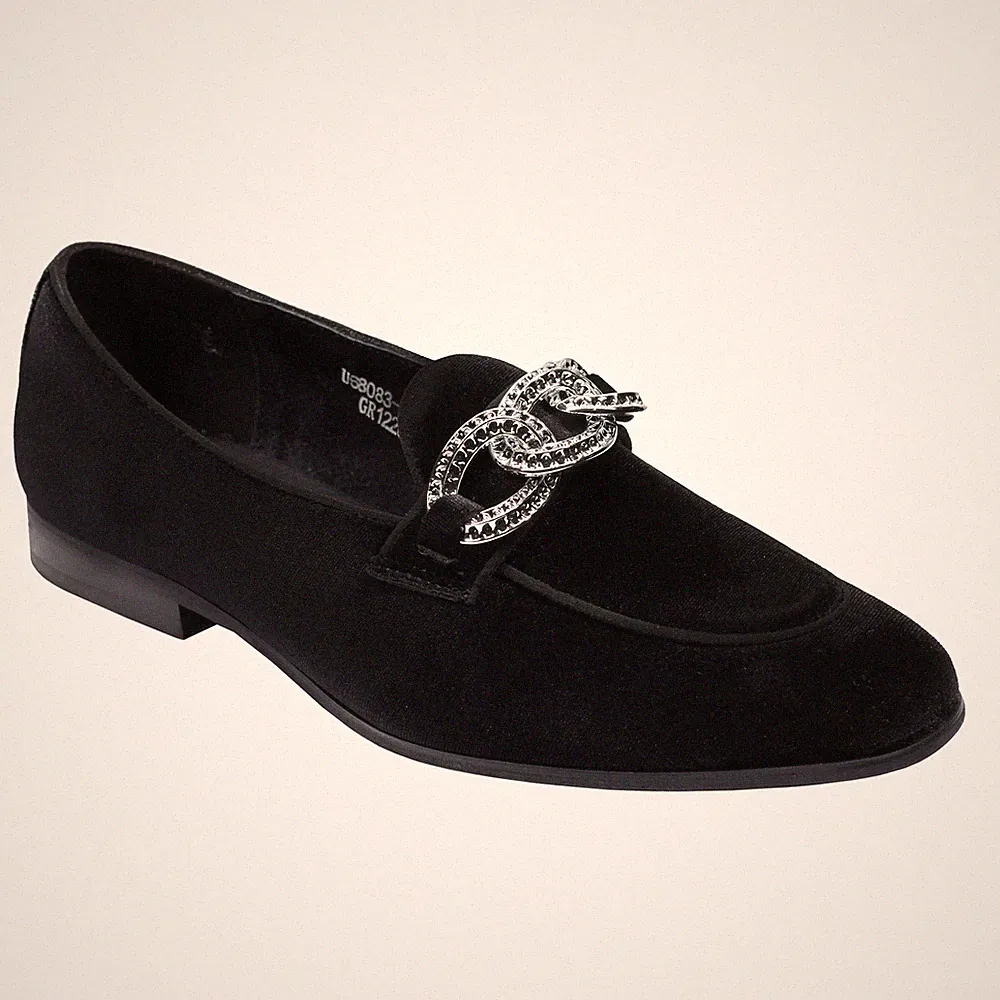Herren Samt Schwarz Halbschuhe mit Diamant Kette Schnalle Hochzeit Party Kleid Shoes