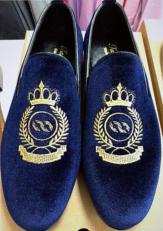 Herren Samt Slipper Blau Mokassin Loafers Herrenschuhe König Krone Bestickt 42