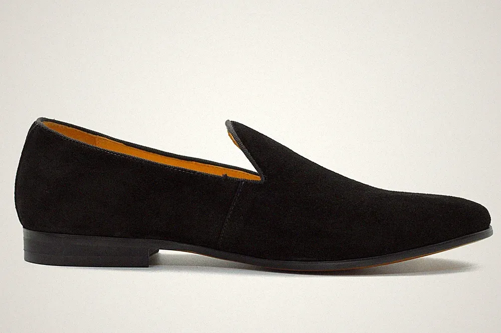 Herren Schwarz Samt Hausschuhe Echtleder Klassisch Uni Slipper Smoking Halbschuhe