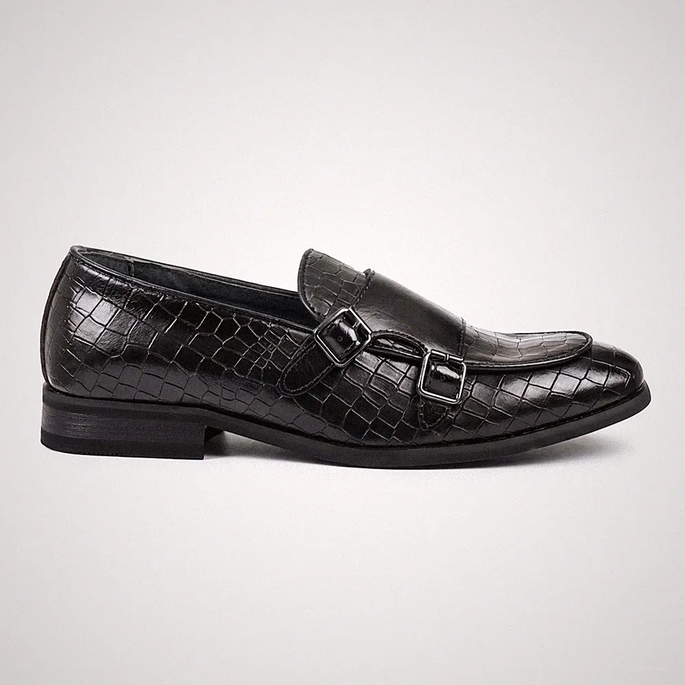 Herren Schwarz Vegan Leder Doppel Mönch Riemen Halbschuh Slipper Bequem Schuhe
