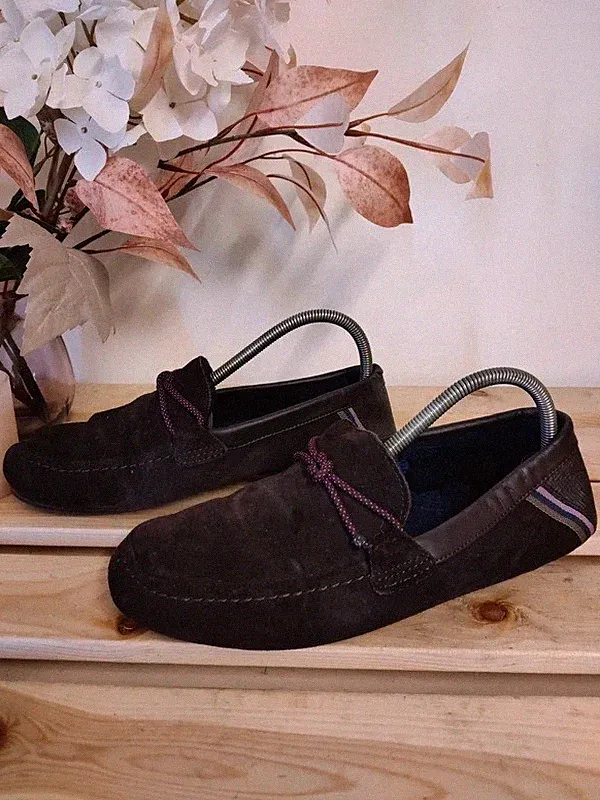 Herren Ted Baker Dunkellila Wildleder Navy Kunstfell Gefüttert Kuschel Hausschuhe UK 7 EU 41
