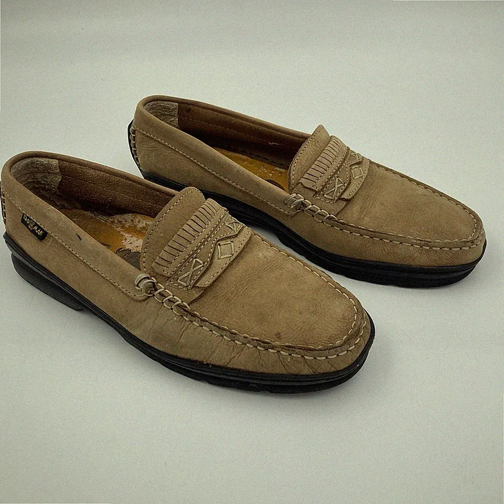 Herren Trosman Halbschuhe UK Größe 7 Beige Leder Mokassin Stil – braucht neue Einlegesohlen