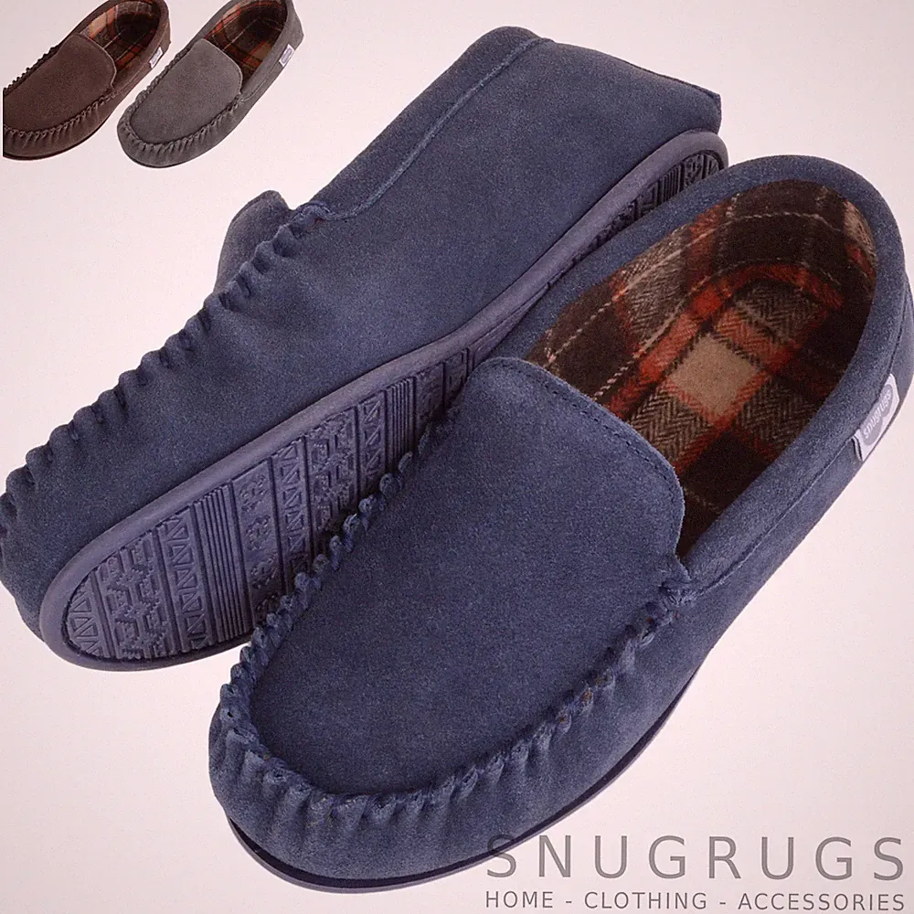 Herren Wildleder Halbschuh Mokassin Slipper mit karierter Baumwollinnenseite und Gummisohle