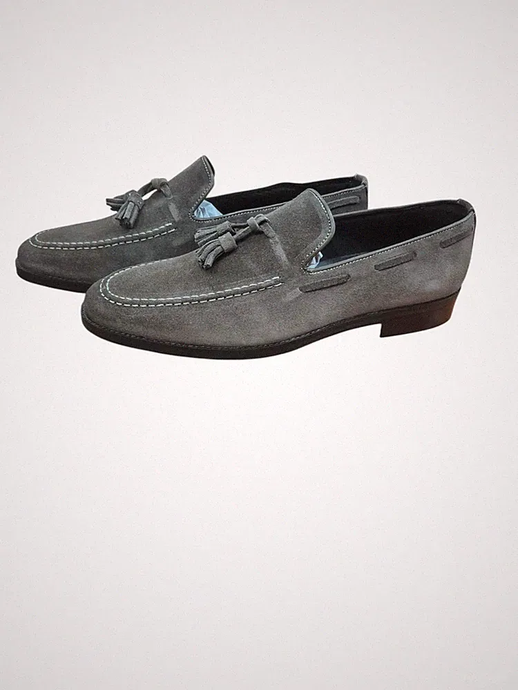 Herrenschuhe Borghese Halbschuhe Wildleder Taupe Quaste Loafer schlammgrau Italy