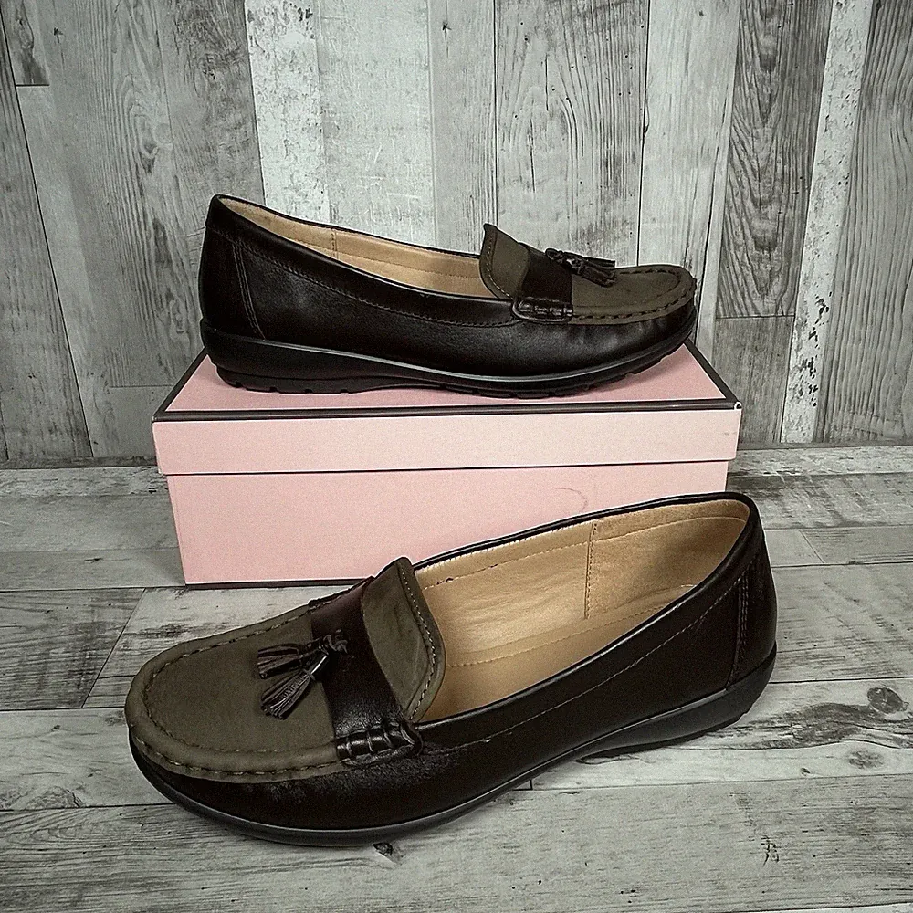 Hotter ABBEYVILLE braun Leder/oliv Wildleder Quaste Loafer Mokassins Größe UK 6,5
