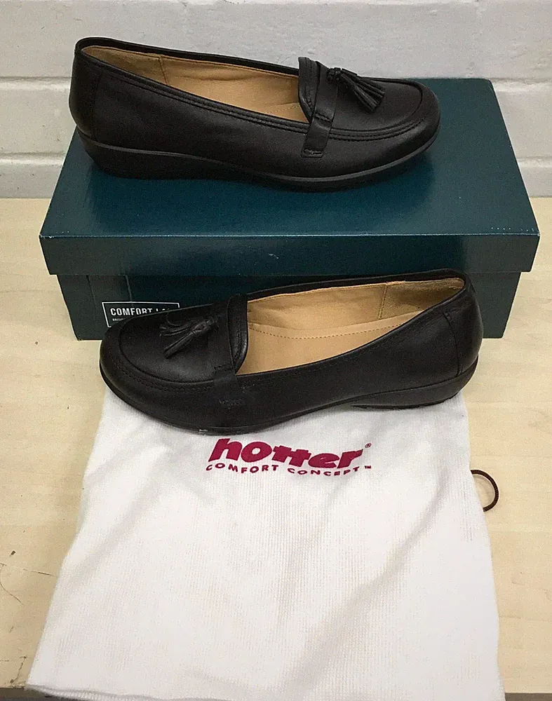 Hotter Alice schwarze Leder Halbschuhe UK 4 neu mit Karton bequeme Schuhe mit Quaste (MG146K20