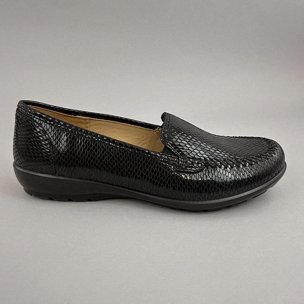 Hotter Jazzschuhe Größe UK5,5 schwarz Leder Schlangenmuster Slipper elegante Halbschuhe