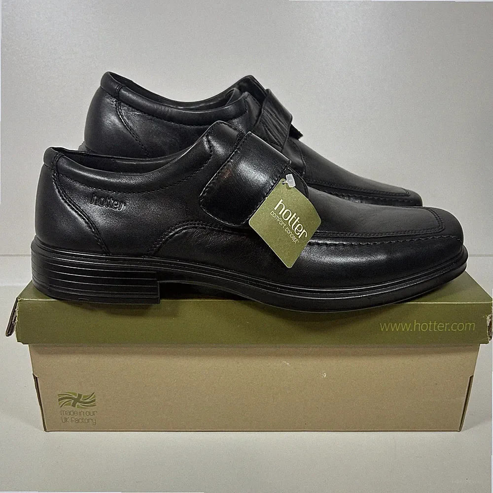 Hotter Major Herren Schwarz Leder Halbschuh Komfort Hakenschlaufe Schuhe UK 12 - NEU