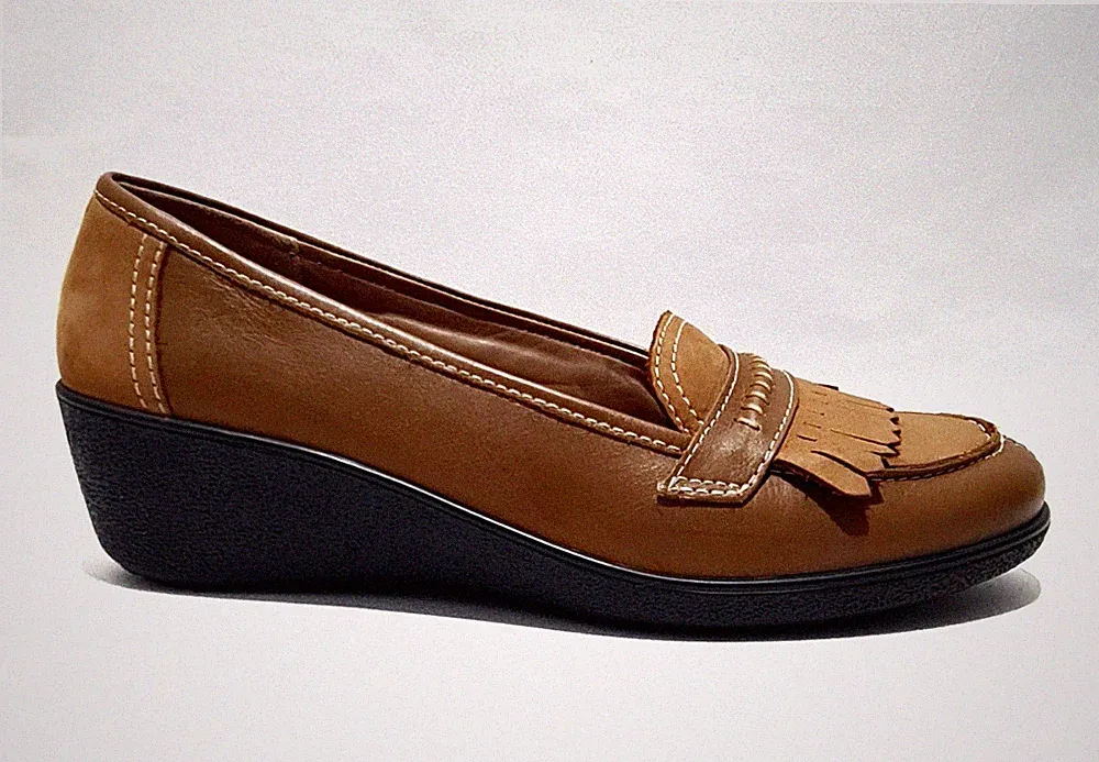 Hotter Schuhe Größe 7 UK braun Halbschuh Keilabsatz Leder Fransen "Kiew" 5 cm Absatz