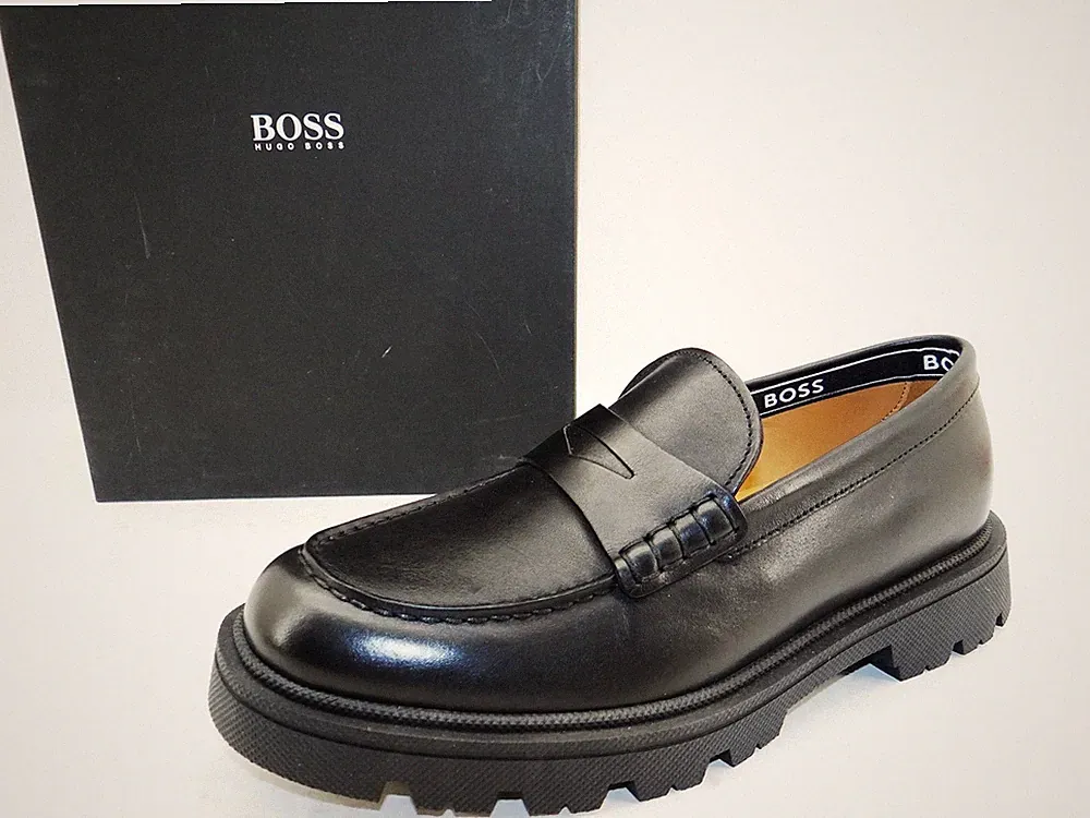 Hugo Boss DENORY Herren Schuhe Loafer Slipper Halbschuhe Schwarz Leder Leicht 40