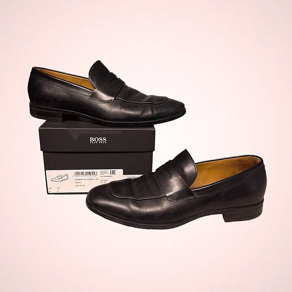 ✅Hugo Boss Loafer Herren Schwarz Leder Gr. 42 UK 8 US 9 Penny Loafer Original✅