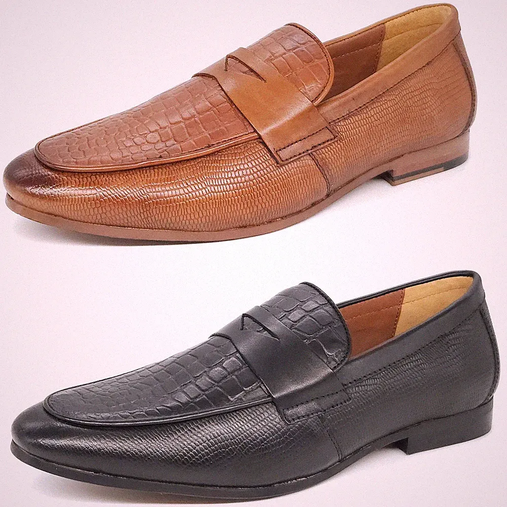 HX London Sutton Herren Strukturiert Leder Formell Slipper Penny Loafer Schwarz Hellbraun