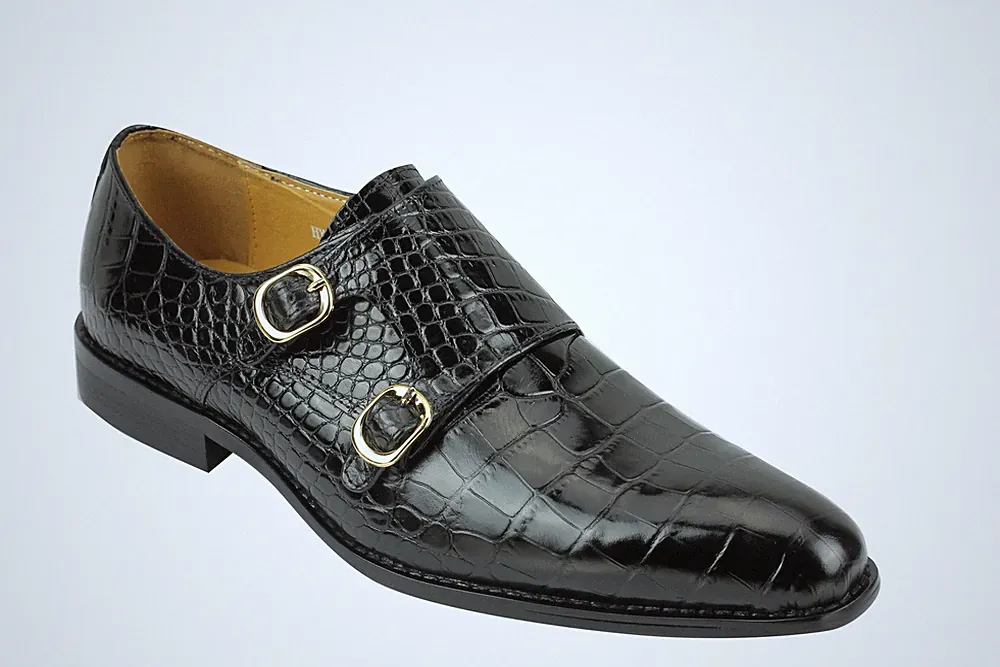 HY08-80 - Herren Schwarz Leder Poliert Krokodildruck Mönch Riemen Formelle Halbschuhe
