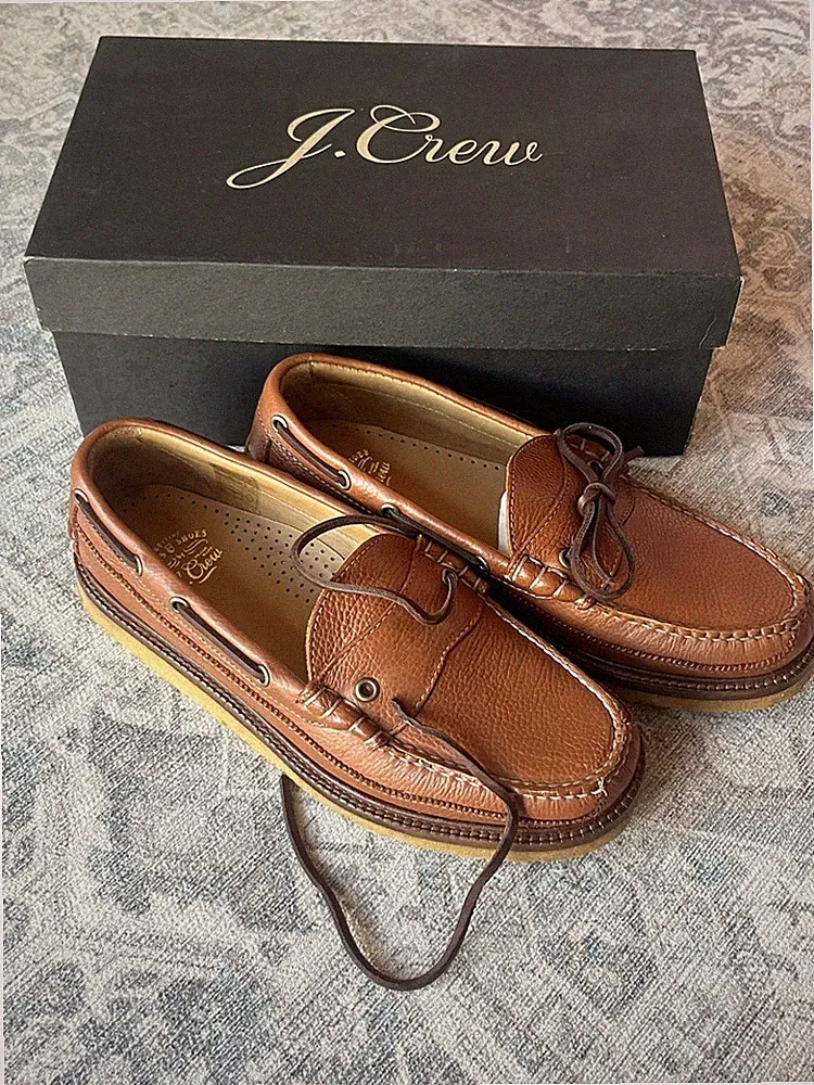 J Crew Camden Krepp Mokassins Schuhe Herren Gr. UK 7,5 Braun Leder Halbschuhe Deck Boot "