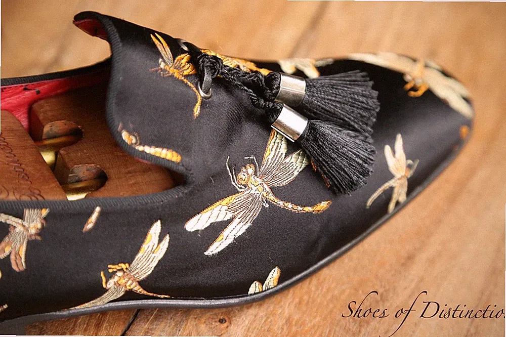 Jeffery West Black Canvas Dragonfly Tasselled Shoes Loafers Men UK 7 US 8 EU 41