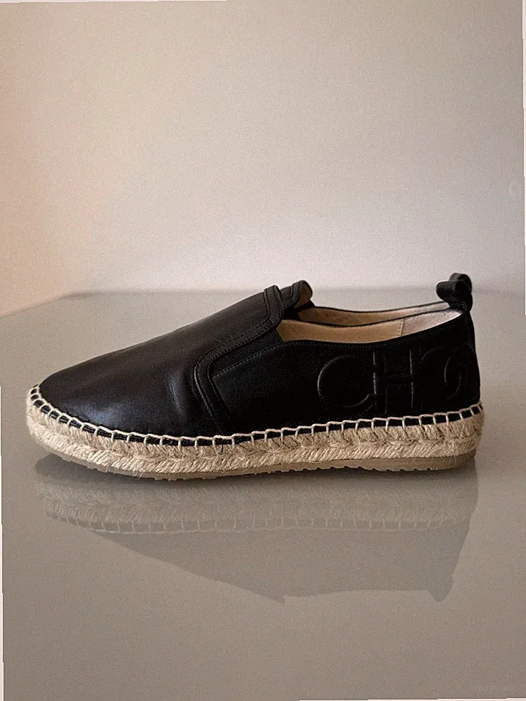 Jimmy Choo Slipper Loafer Espadrilles Gr 37,5 Leder Schwarz Kaum Getragen