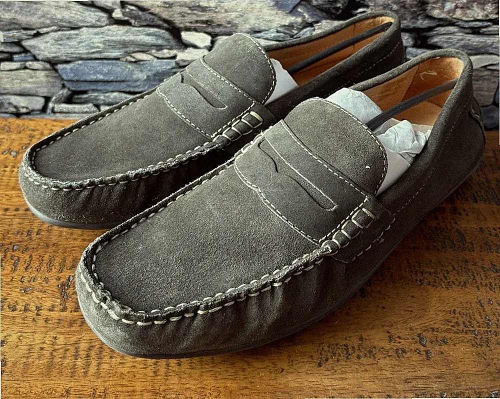 John White Sparks Wildleder Fahrschuh Penny Loafer dunkelgrau Herren UK9 Sommer sehr guter Zustand