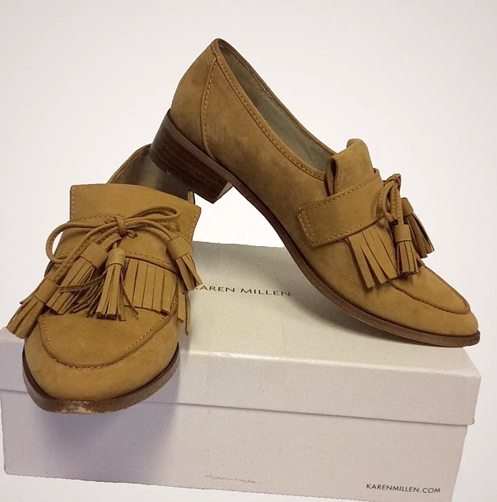 KAREN MILLEN CAMELFARBENE WILDLEDER-HALBSCHUHE MIT FRANSEN GRÖSSE 6/39 KOSTET 145 £