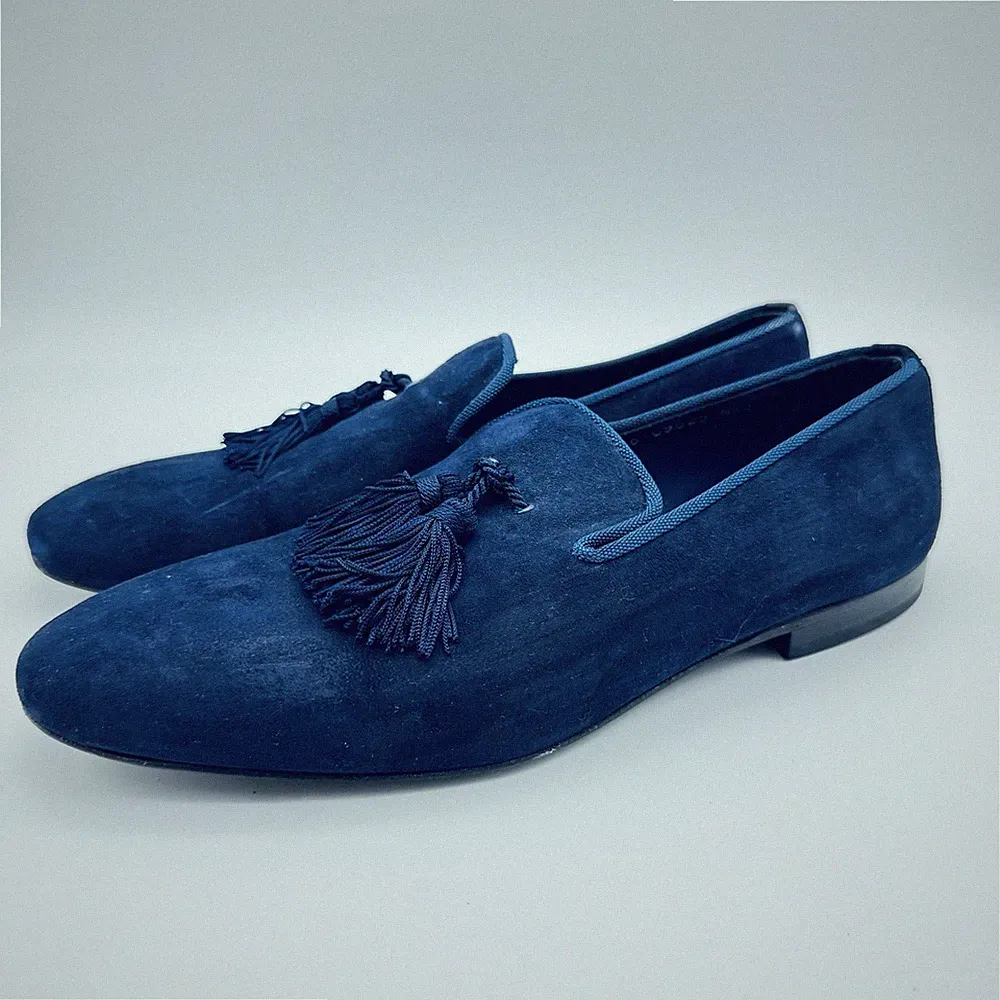 Kemal Tanca Herren Slipper Loafer Gr 42 Blau Wildleder Quasten Mokassins Schuhe