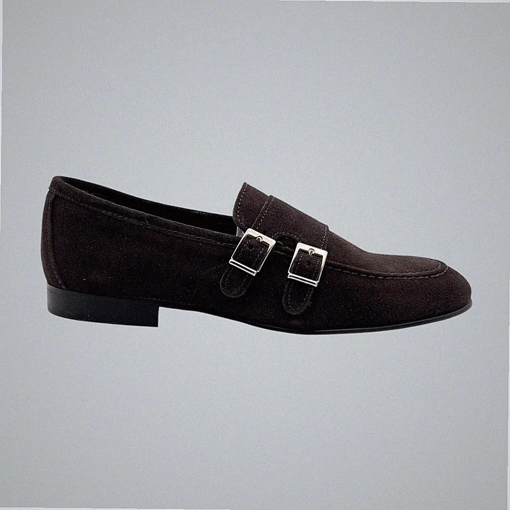 Klassische Schuhe Doppelschnalle Wildleder Maulbeerkopf Lederboden Made in Italy