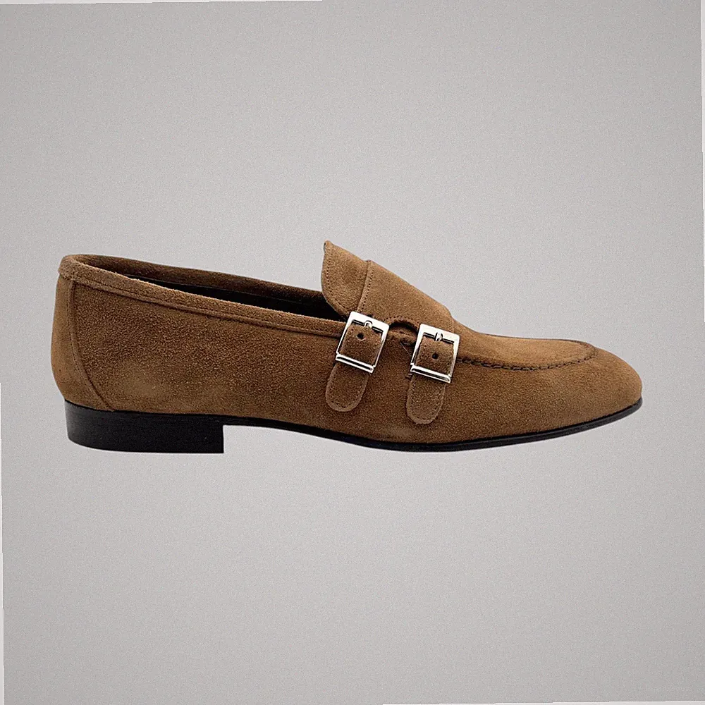 Klassische Schuhe Doppelschnalle Wildleder Tabak Lederboden Made in Italy