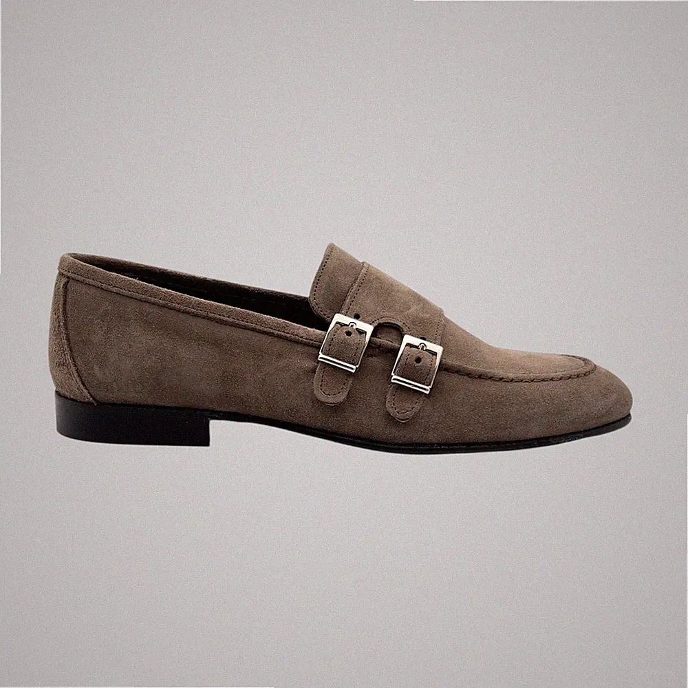 Klassische Schuhe Doppelschnalle Wildleder Taube Lederboden Made in Italy