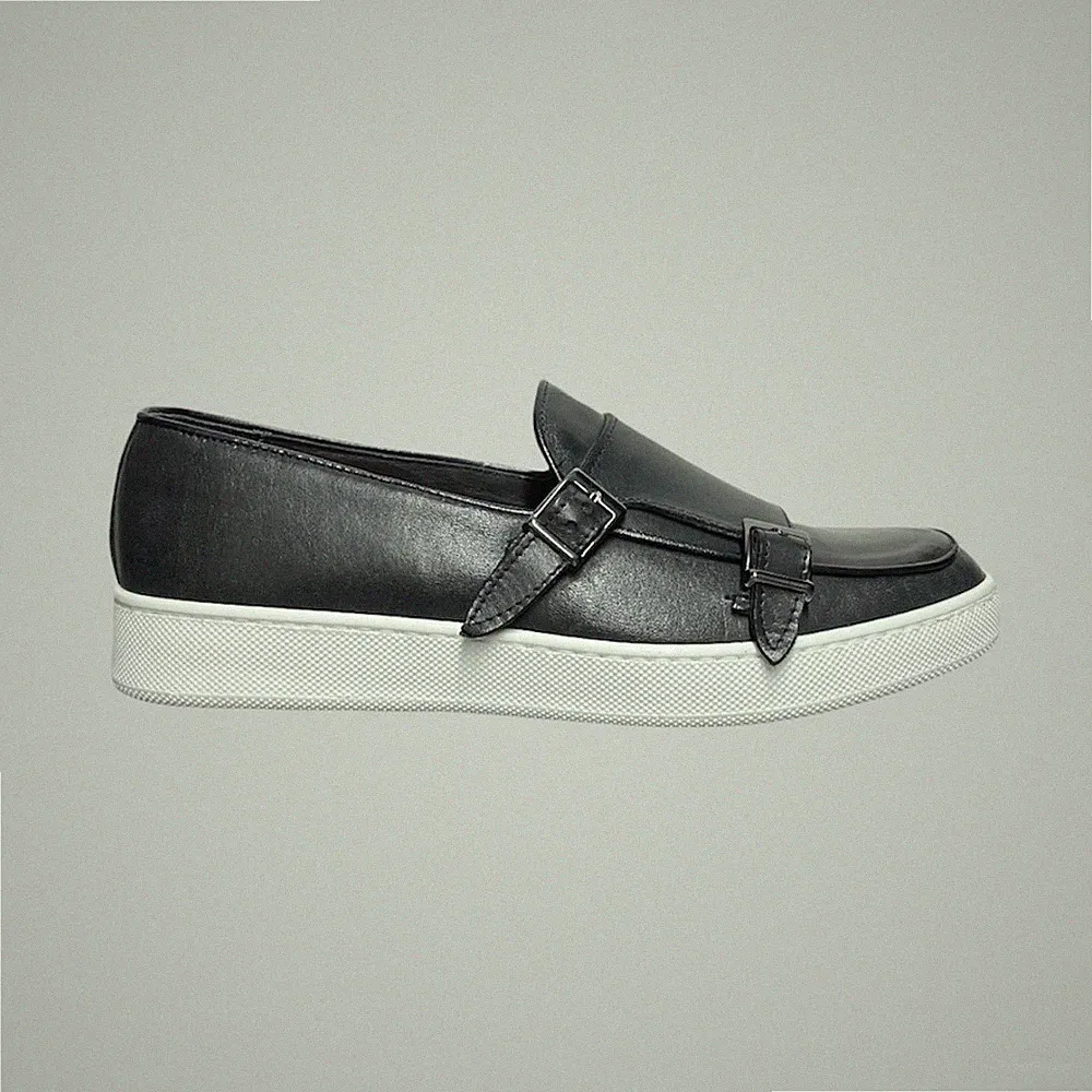 Klassische Sportliche Sneaker Doppelschnalle Leder Blau Schuhe Made in Italy Freizeit