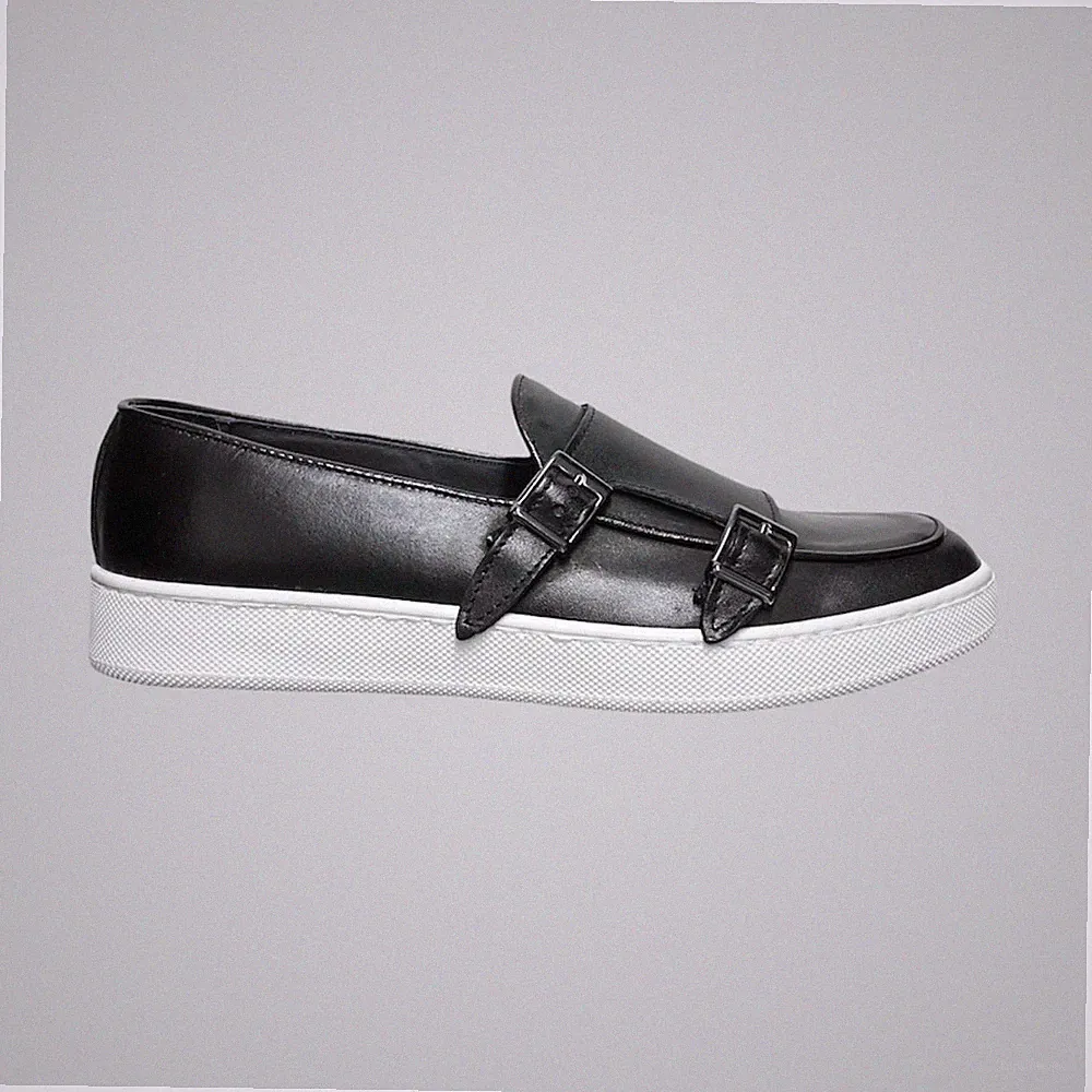 Klassische Sportliche Sneaker Doppelschnalle Leder Schwarz Schuhe Made in Italy Freizeit