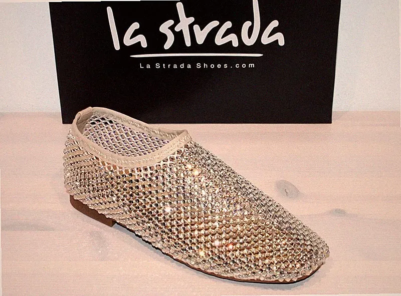 LA STRADA Fashion Must Have! Netz Flats Loafer Slipper Glitzer -Beige Mesh- Neu!