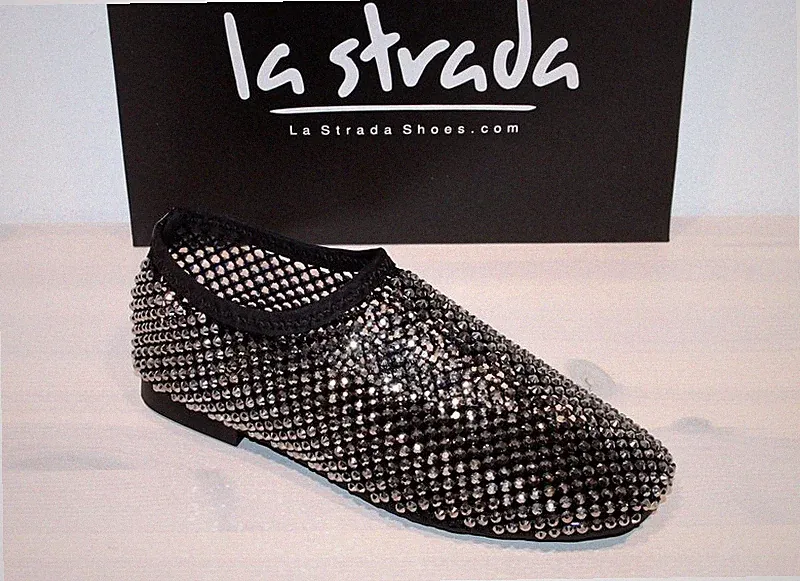 LA STRADA Fashion Must Have! Netz Flats Loafer Slipper Glitzer -Black Mesh- Neu!