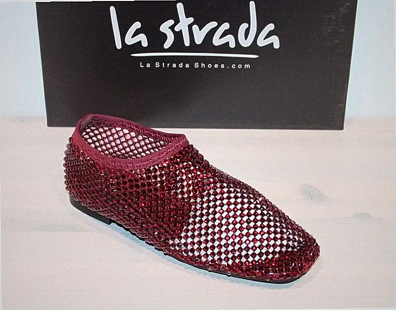 LA STRADA Fashion Must Have! Netz Flats Loafer Slipper Glitzer -Bordo Mesh- Neu!