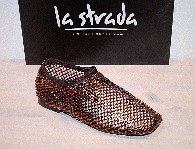 LA STRADA Fashion Must Have! Netz Flats Loafer Slipper Glitzer -Brown Mesh- Neu!