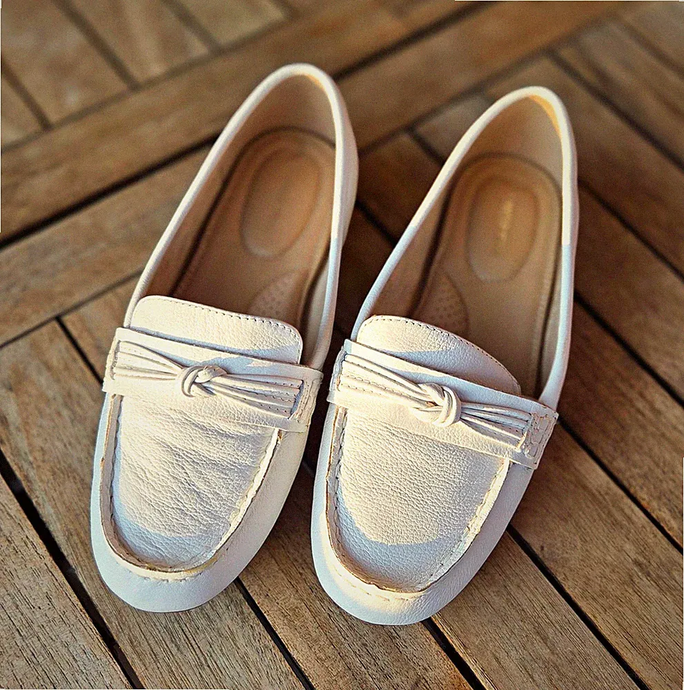 Lands' End Damen Slipper Loafer Leder Weiß Schleife leichte Sohle EU 36