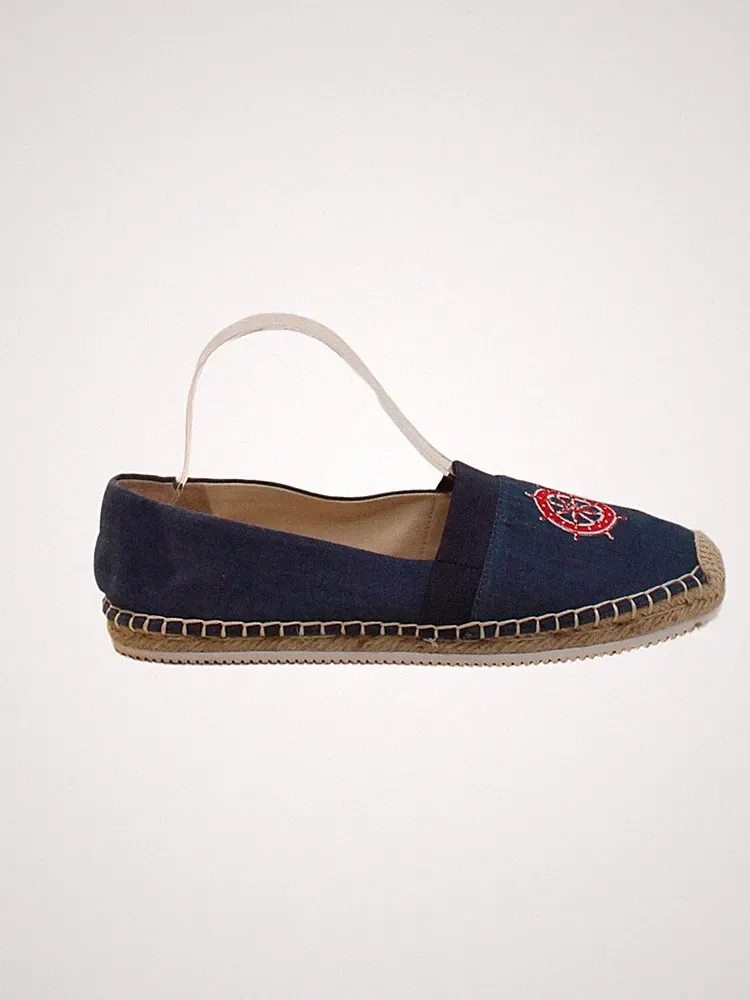 Lands End flache Damenschuhe UK 5,5 blau geometrisches Muster 100 % Baumwolle Loafer