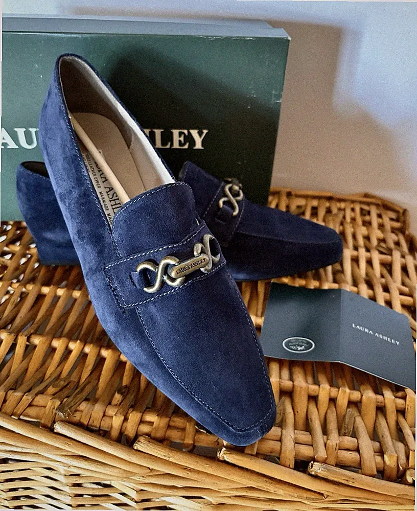 Laura Ashley Vintage Navy Suede Loafer with Antique Bronze Detail EU 36 / UK 3