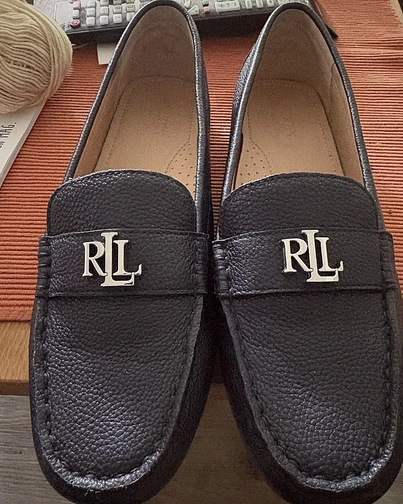 Lauren Ralph Lauren Damen Slipper Loafer Leder EU 38,5 Blau RL-Logo rund