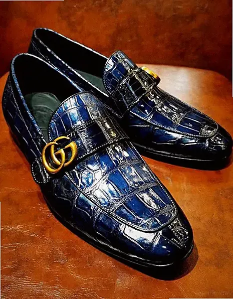 Leder Mokassin Alligator Print blau hochwertig zum Anziehen