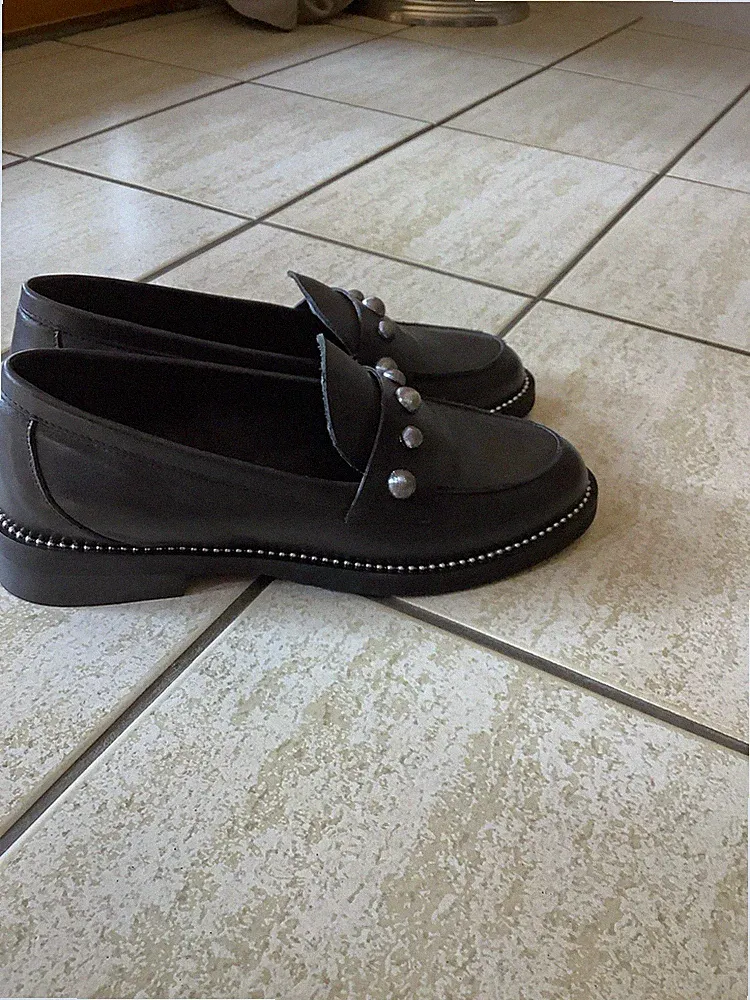 Letizia Ferrari Damen Slipper Loafer Schwarz Leder Nieten Made in Italy EU 38