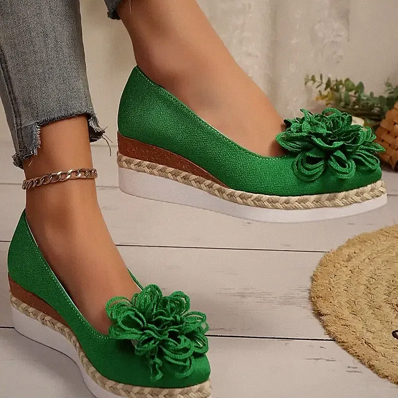 Loafer Damen Schuhe Espadrilles, grün, mit Blume, Keilabsatz 5,5cm, leicht