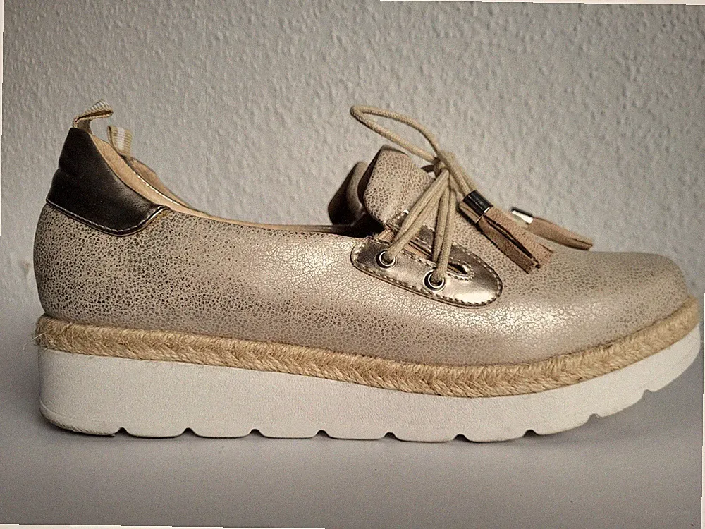 Loafer • Gr.38 Damen Slipper Sneaker Beige Gold Metallic -sehr bequem-wie NEU