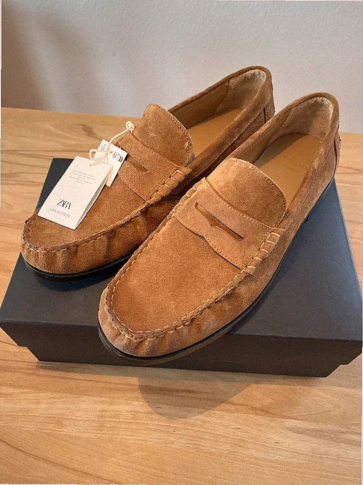 Loafer, Rauleder, braun, neu mit Etikett, Zara Ledermokassin, Gr. 46