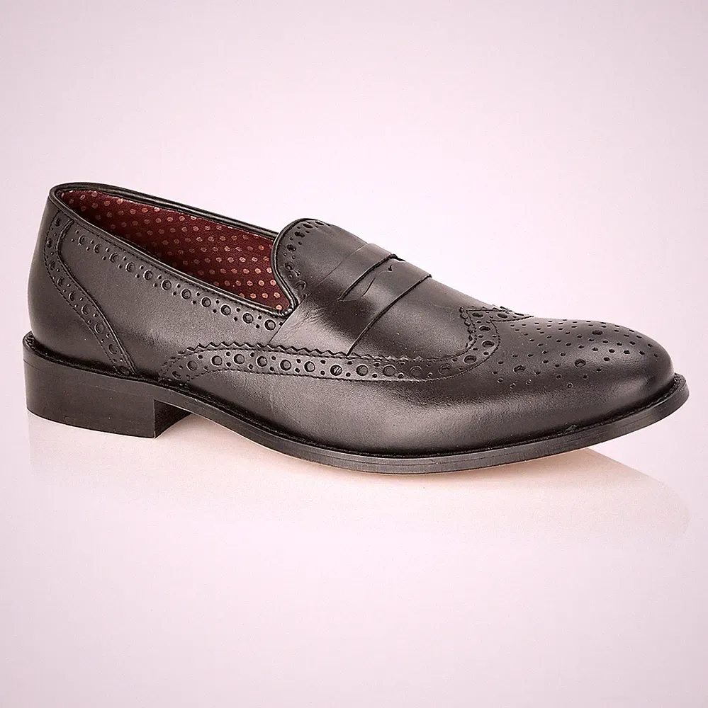 London Brogues Carson Slipper Leder Herren Brogues Halbschuh Schwarz