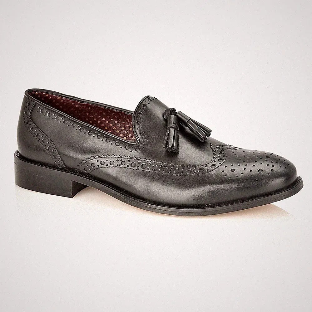 London Brogues Louis Quaste Halbschuh Herren Schwarz Leder Formelle Schuhe