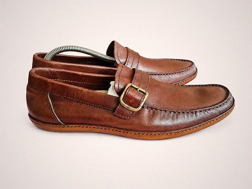 Lottusse Herren Mokassins Slipper Leder Braun Gr. 41 Loafer mit Schnalle
