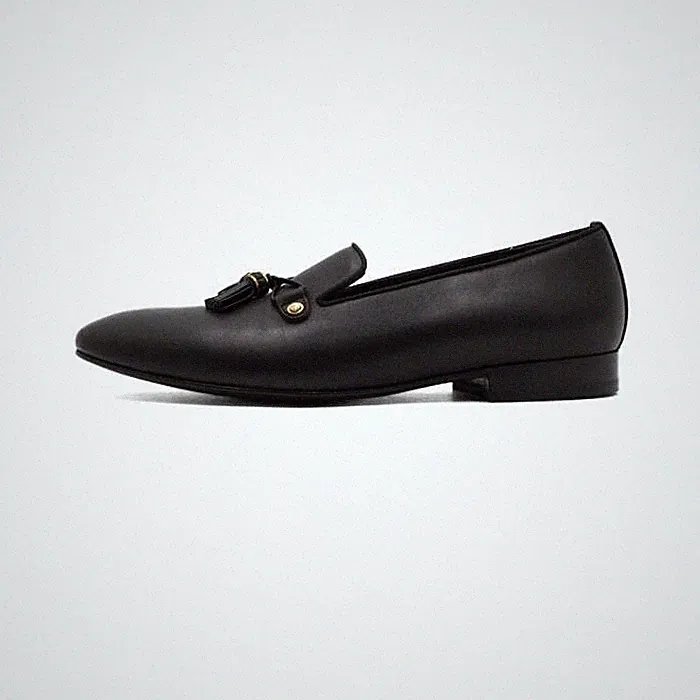LOUIS LEEMAN Schwarze Leder Herrenloafer mit goldenen Quasten 153099715 [U]